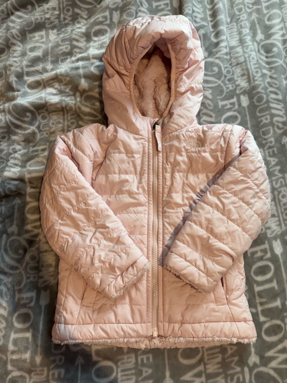 The North Face Girls Light Pink Hooded Puffer Reversable Shasta Jacket